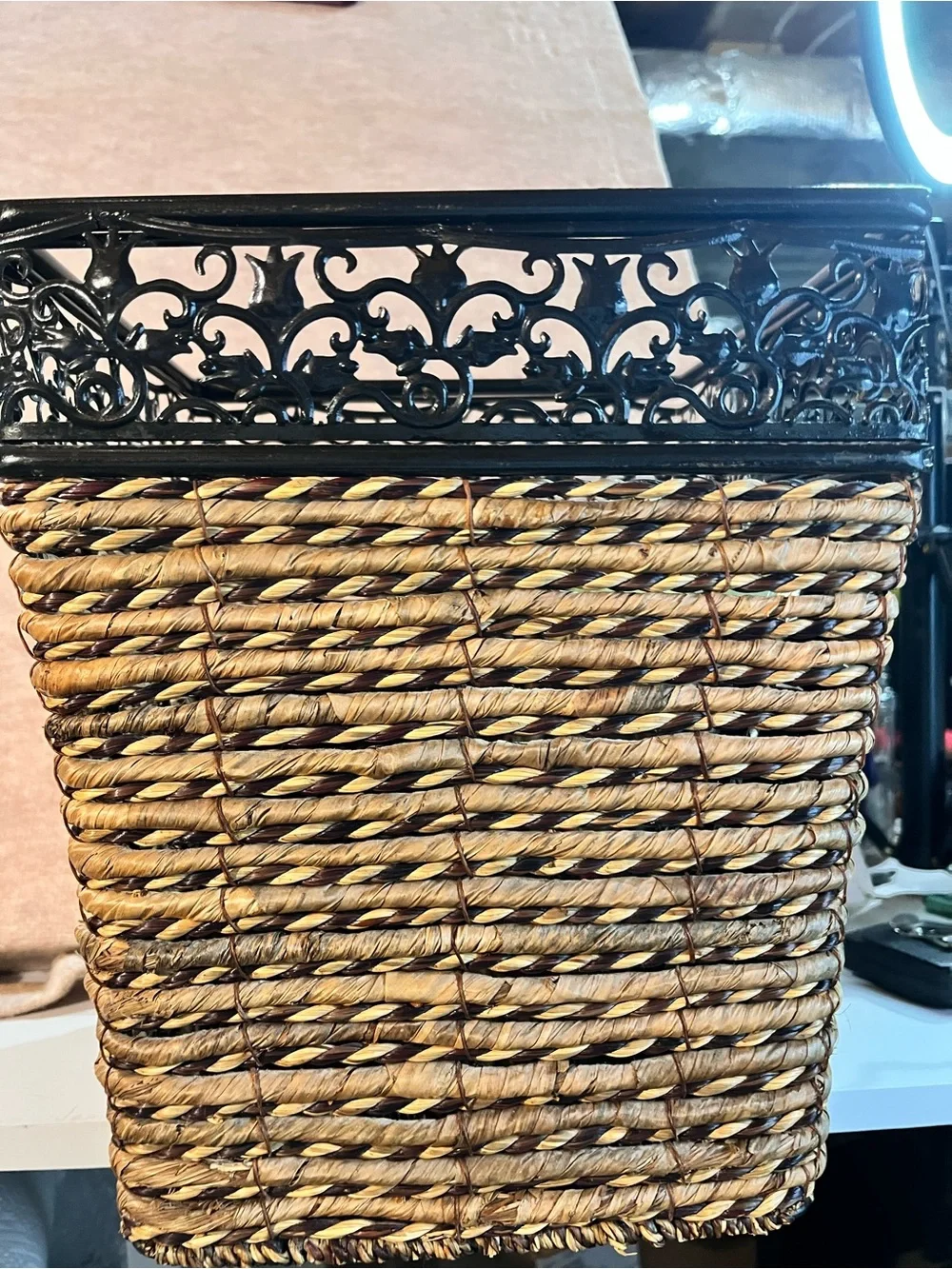 Woven Seagrass Storage Basket with Decorative Black Metal Rim